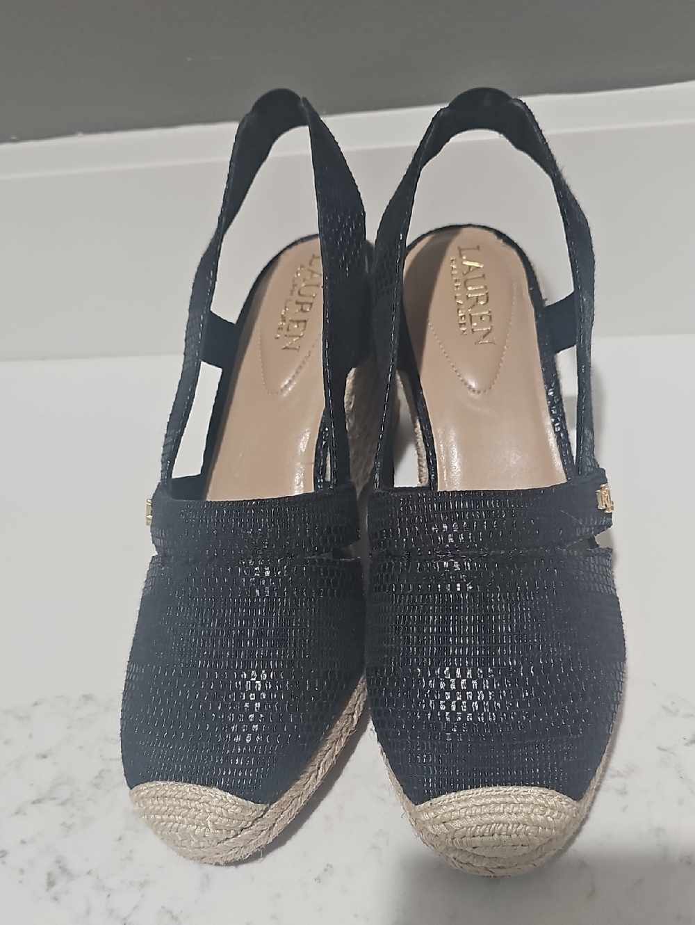 Lauren Ralph Lauren Black Woven Espadrille Slingback Wedges